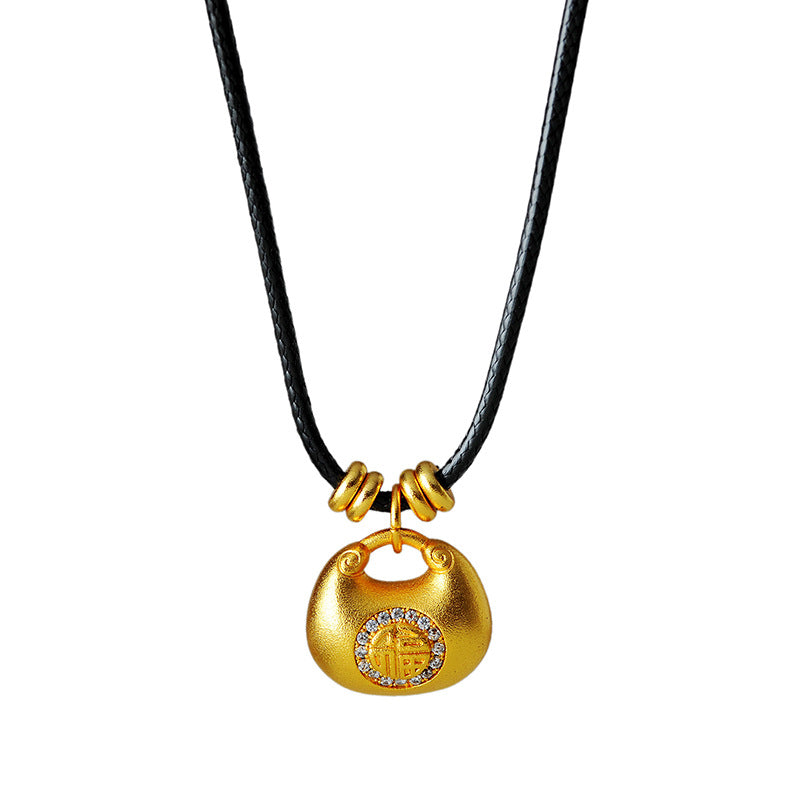 Hot-Selling Versatile Zircon 'Fu' Character Lock Bag Necklace Solid 'Fu' Character Luxurious Black Rope 'Fu' Bag Peace and Joy Sweater Chain for Women