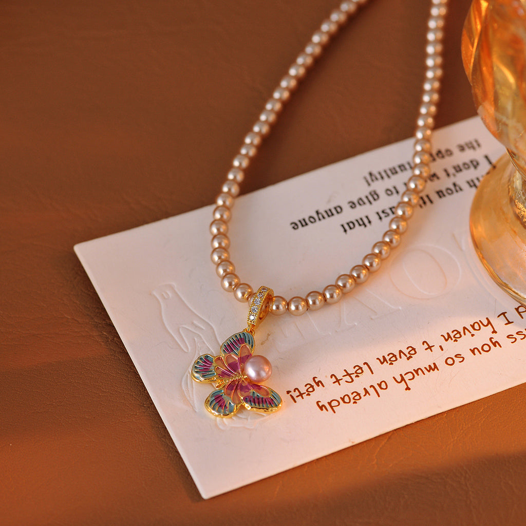 Perfect Round Strong Light Pearl Necklace for Women Fashion High-end Design Enamel Drop Glaze Colorful Butterfly Collarbone Chain