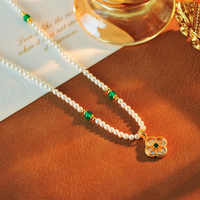 Four-leaf Flower Shell Inlaid Necklace Eight-pointed Star Design New Chinese Style Bracelet Green Natural Stone Sweater Chain Set