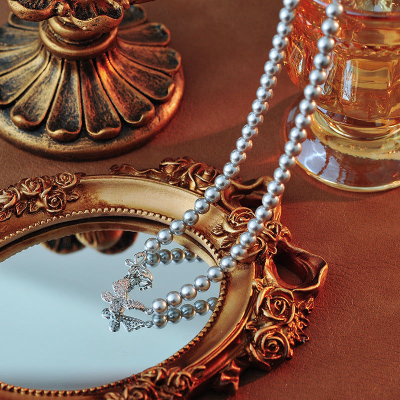 Genuine High-Grade Silver Gray Australian White Full Zircon Silver Butterfly Clasp Full Pearl Necklace Freshwater Pearl