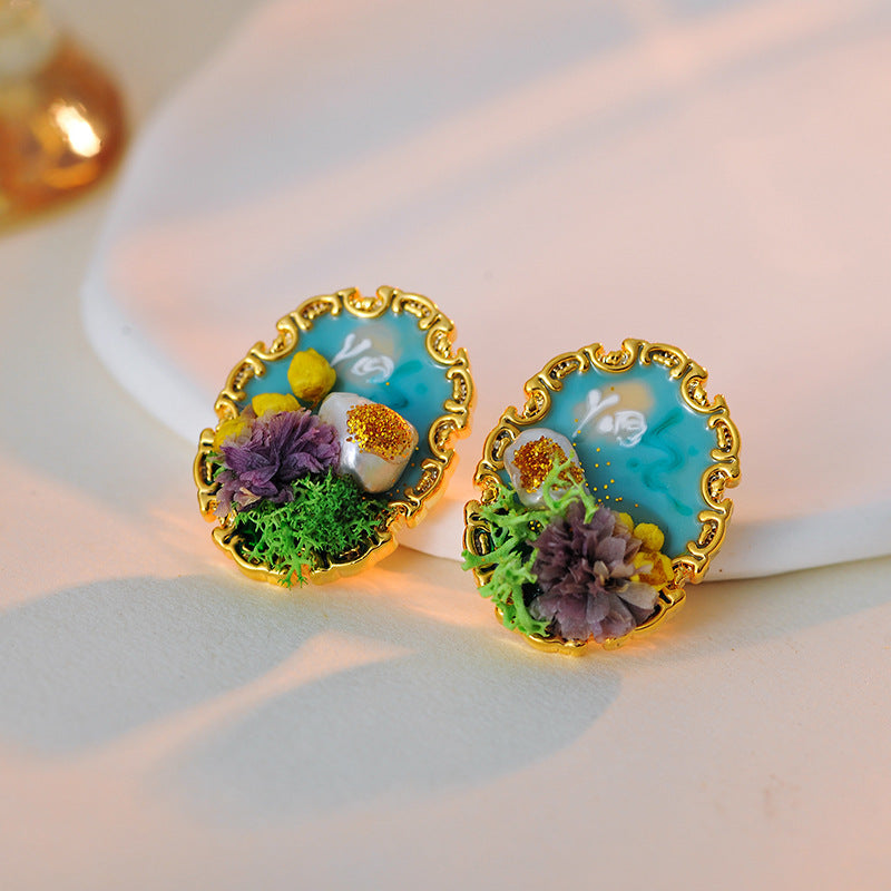 New Chinese Style Retro National Style Oil Painting Pearl Necklace Earrings Flower Fashion Collarbone Chain Pendant