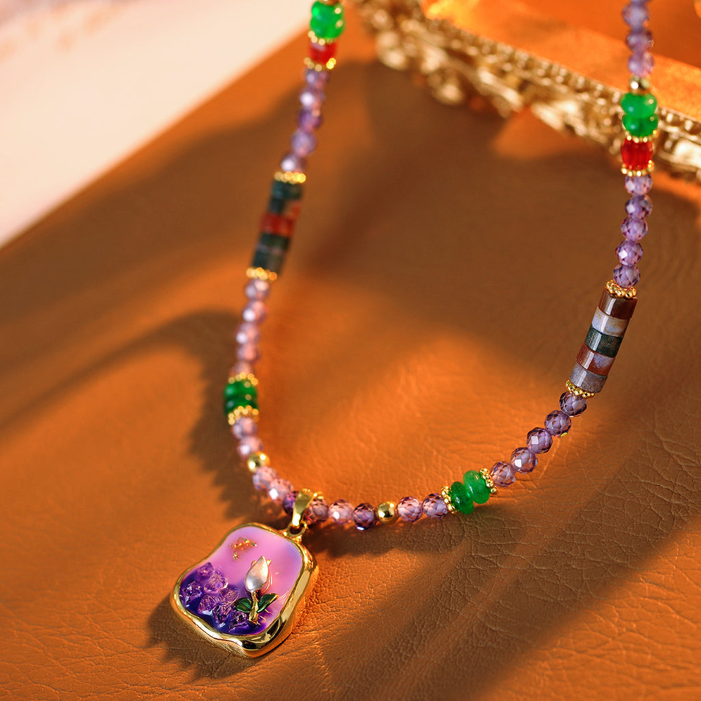 New Chinese Style Monet Garden Rich Purple Oil Painting Necklace Freshwater Pearl Oil Drop Flower Earrings Necklace for Women