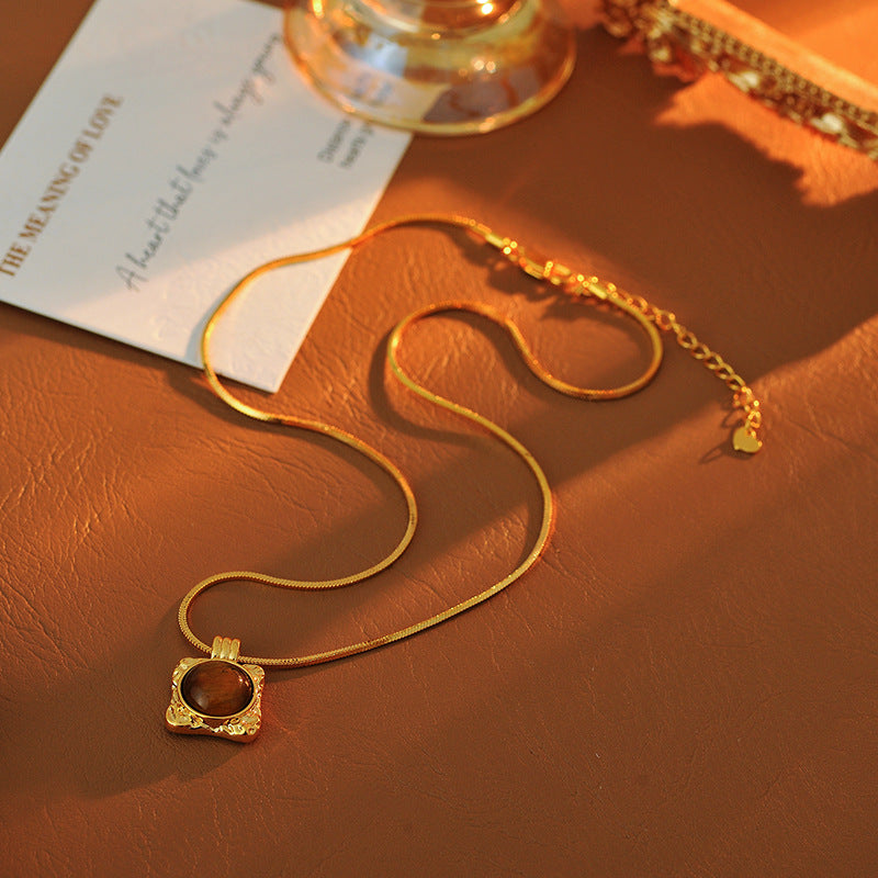 Milad Natural Tiger Eye Stone Necklace Pearl Sweater Chain Light Luxury High-End Feel Autumn Winter Versatile New Hot Item