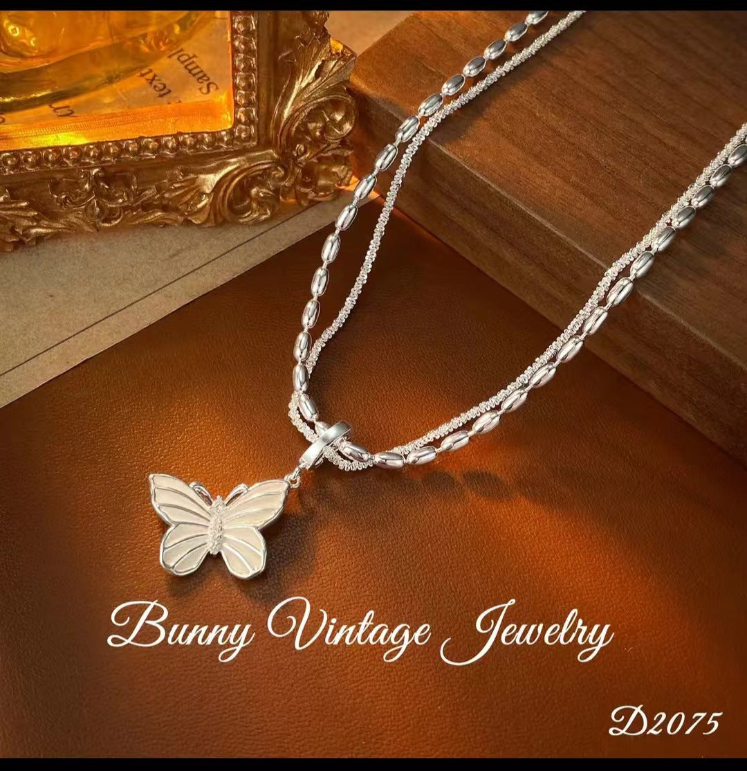 Silver Double Layer Butterfly Necklace Elegant Versatile High-end Gentle Sweet Fairy Niche Collarbone Chain A10134