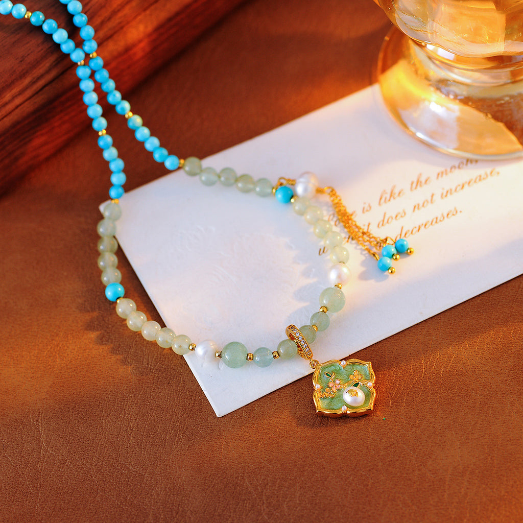 New Chinese Style Oil Drop Green Flower Necklace Niche Design Freshwater Pearl High-end Elegant Set