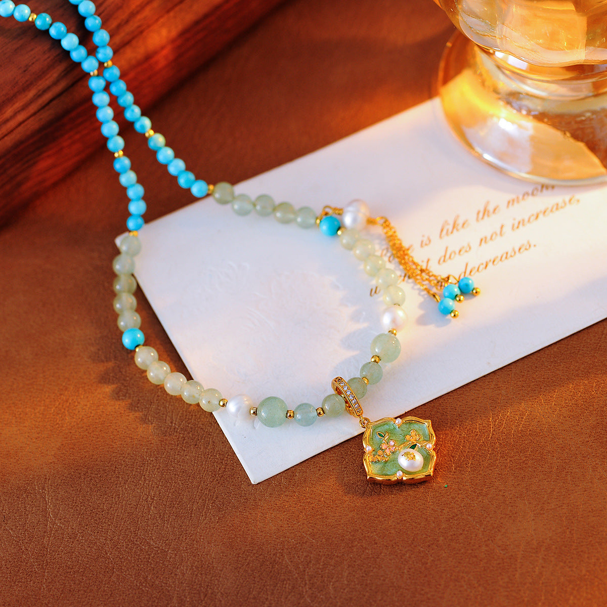 New Chinese Style Oil Drop Green Flower Necklace Niche Design Freshwater Pearl High-end Elegant Set