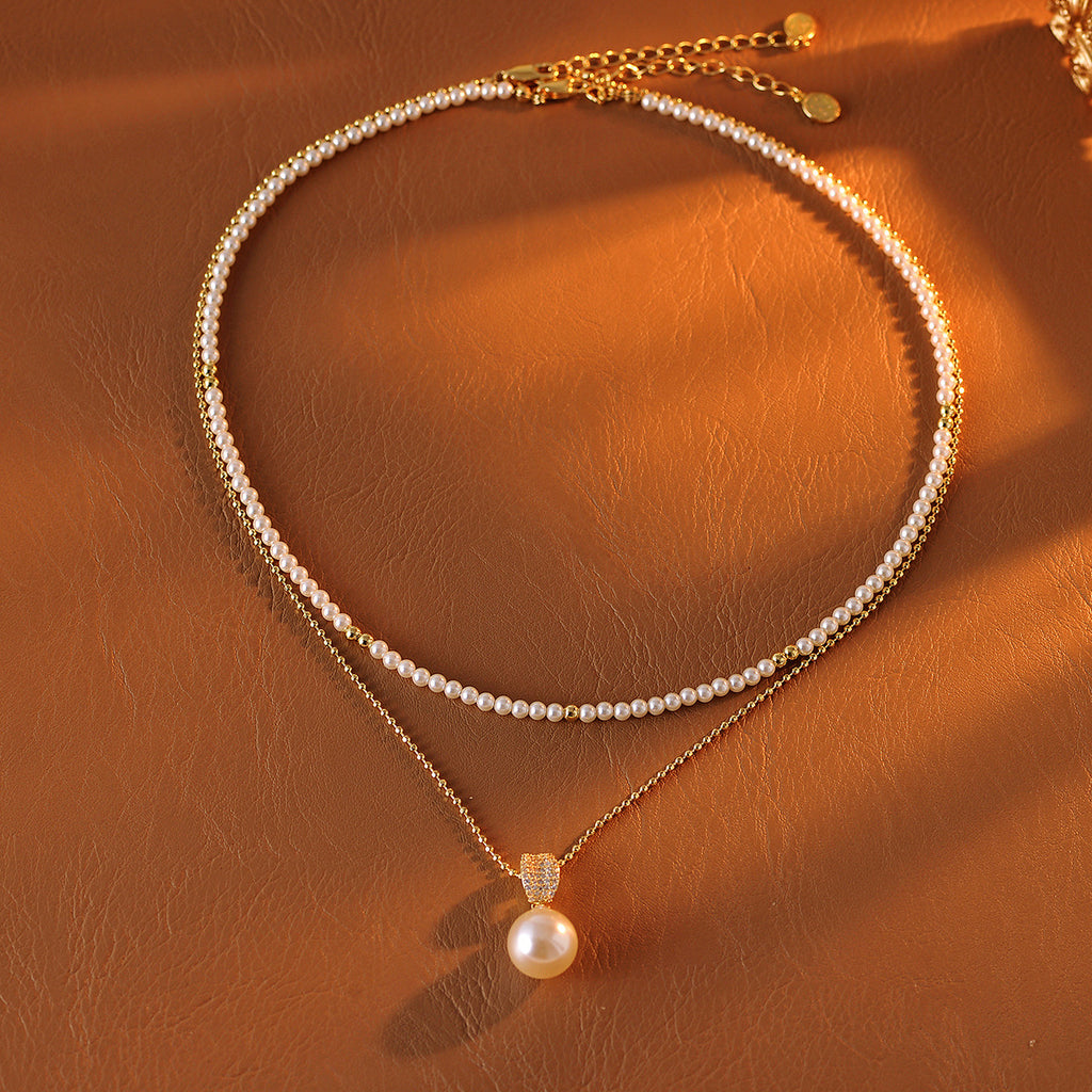 A Two-Way Necklace with Real Gold Plating and Double Layer Pearls, Elegant and Versatile Collarbone Chain