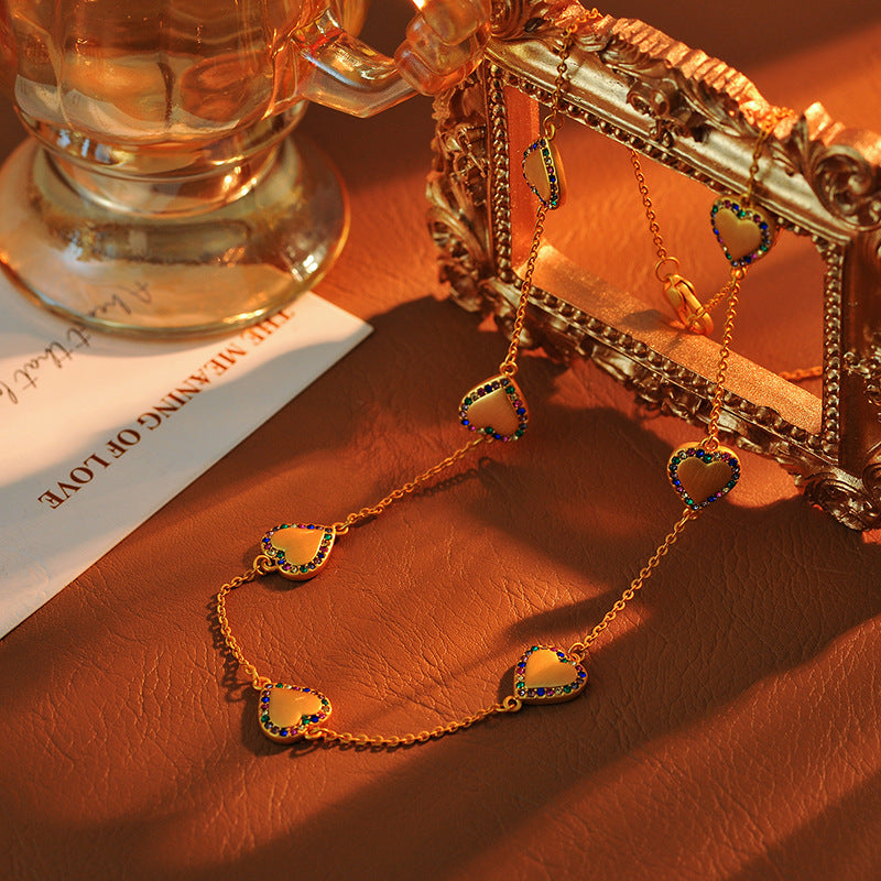 Summer Sweet Fresh European and American Style Brushed Gold Plated Heart Micro Inlaid Colorful Zircon Design Simple Multi Pendant Necklace Collarbone Chain