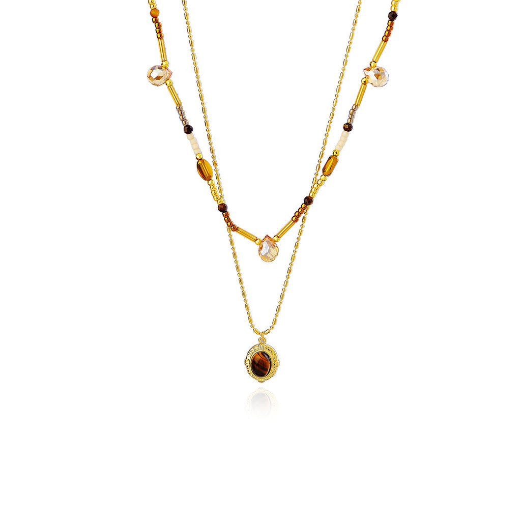 Double Layer Stacked Necklace with Diamonds and Natural Shell Pearl Single Pendant Necklace Light Luxury High-end Clavicle Chain