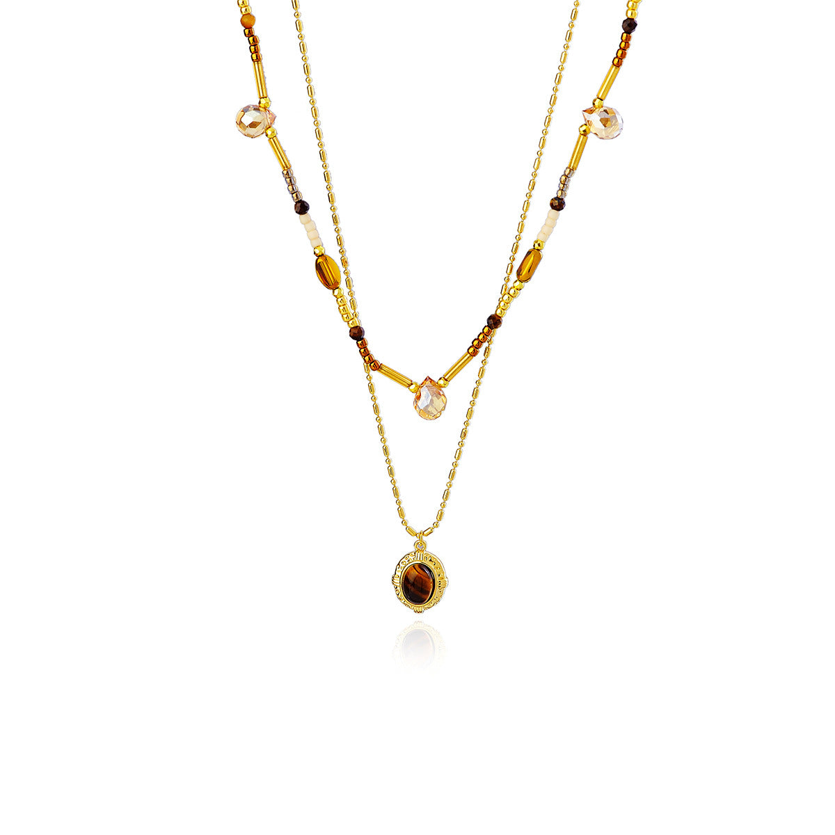 Double Layer Stacked Necklace with Diamonds and Natural Shell Pearl Single Pendant Necklace Light Luxury High-end Clavicle Chain