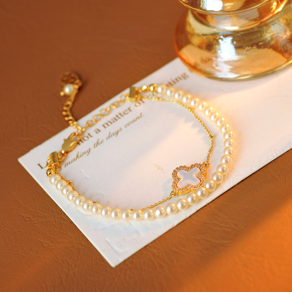 Hot-Selling Light Luxury High-End Double-Layer Stacked Pearl Four-Leaf Clover Mother-of-Pearl Bracelet Necklace Personality Simple