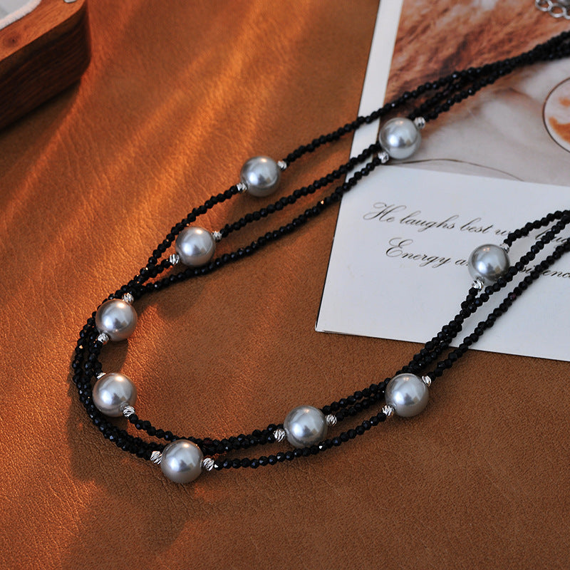Fashion Versatile Exquisite Long Black Crystal Pearl Necklace Unique Design Double Layer Overlay Long Chain Multiple Wearing Styles