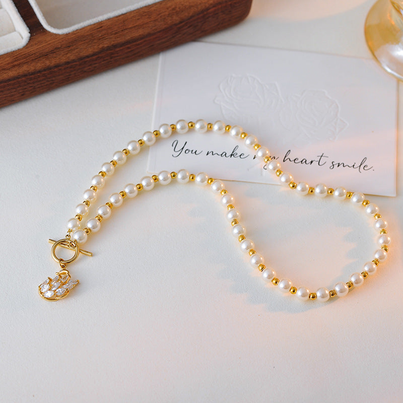 New European and American Style Pearl Necklace Light Luxury High-end Feel Elegant Wheat Ear Cute Shijia Pearl Necklace Collarbone Chain