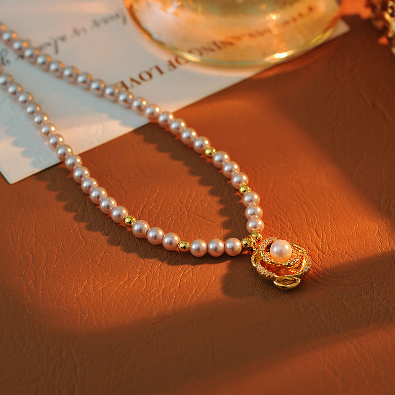New Rose Flower Necklace Korean Version Micro Inlaid Rose Flower Manta Rose Color Pearl Necklace One Piece