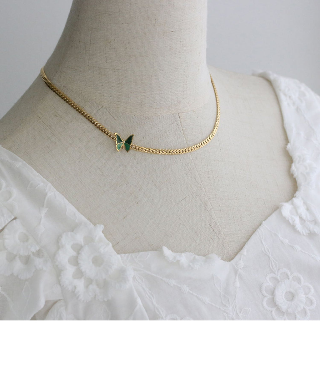 Vintage Style Green Butterfly Choker Necklace Cuban Necklace Collarbone Chain Titanium Steel 18K Gold Plated Non-Fading