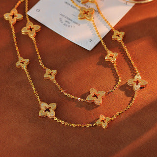 2025 New Four-Leaf Clover Gold Earrings Necklace Bracelet Sweater Chain Women Light Luxury Niche