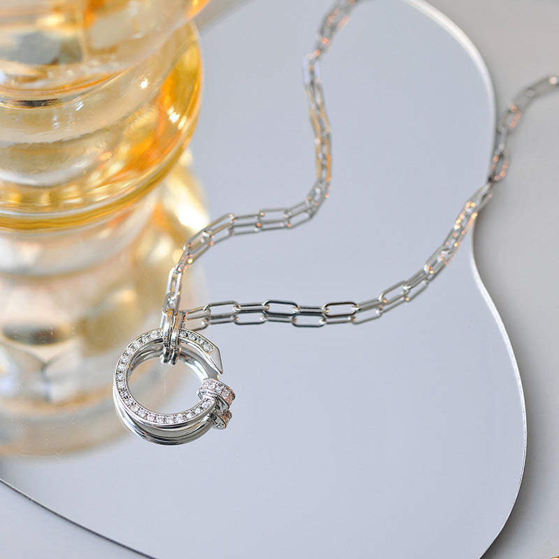 Chunky Nail Necklace for Women Full Diamond Round Ring Clavicle Chain Pure Silver Ins Trendy Men's Elegant Personality Versatile