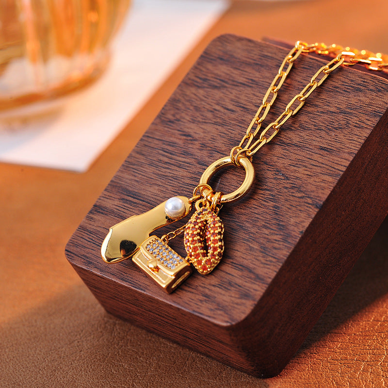 Sexy Sparkling Diamond Red Lips Cute Earrings 3D Bag Creative High Heels Multi-Drop Necklace Collarbone