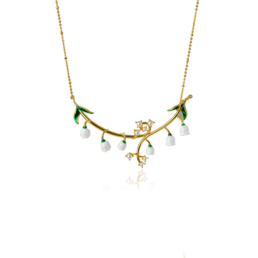 European and American Style Enamel Glaze Forest Style Sweet Plant Lily of the Valley Pearl Embellished Gentle Temperament Necklace