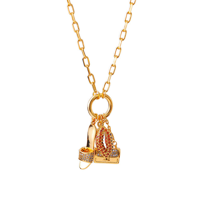 Sexy Sparkling Diamond Red Lips Cute Earrings 3D Bag Creative High Heels Multi-Drop Necklace Collarbone