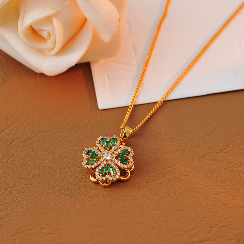 Japanese and Korean Exquisite Small Rotating Four-Leaf Clover Fashion High-End Micro-Inlaid Zircon Pendant Versatile High-End Necklace Collarbone Chain