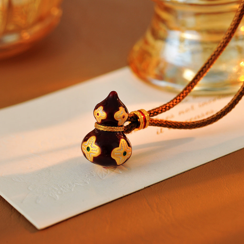 Exquisite New Chinese Style Retro Wine Red Cinnabar Red Enamel Color Drop Glaze Design Elegant Gourd Necklace