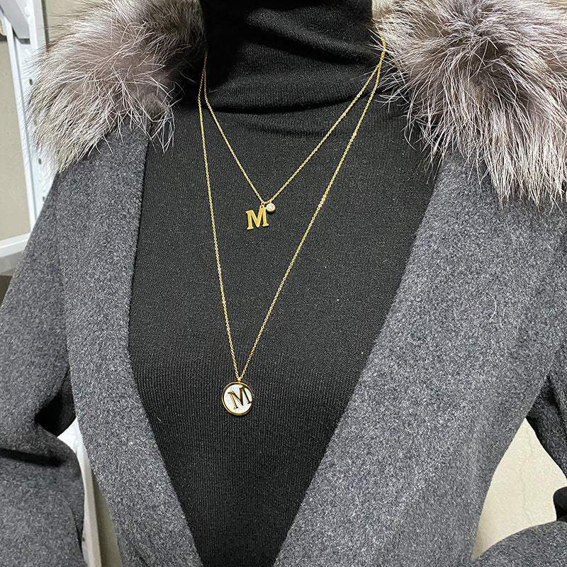 Titanium Steel M Letter Double Layer Necklace Long 2025 New Korean Internet Celebrity Sweater Chain High-end Collarbone Chain Accessory