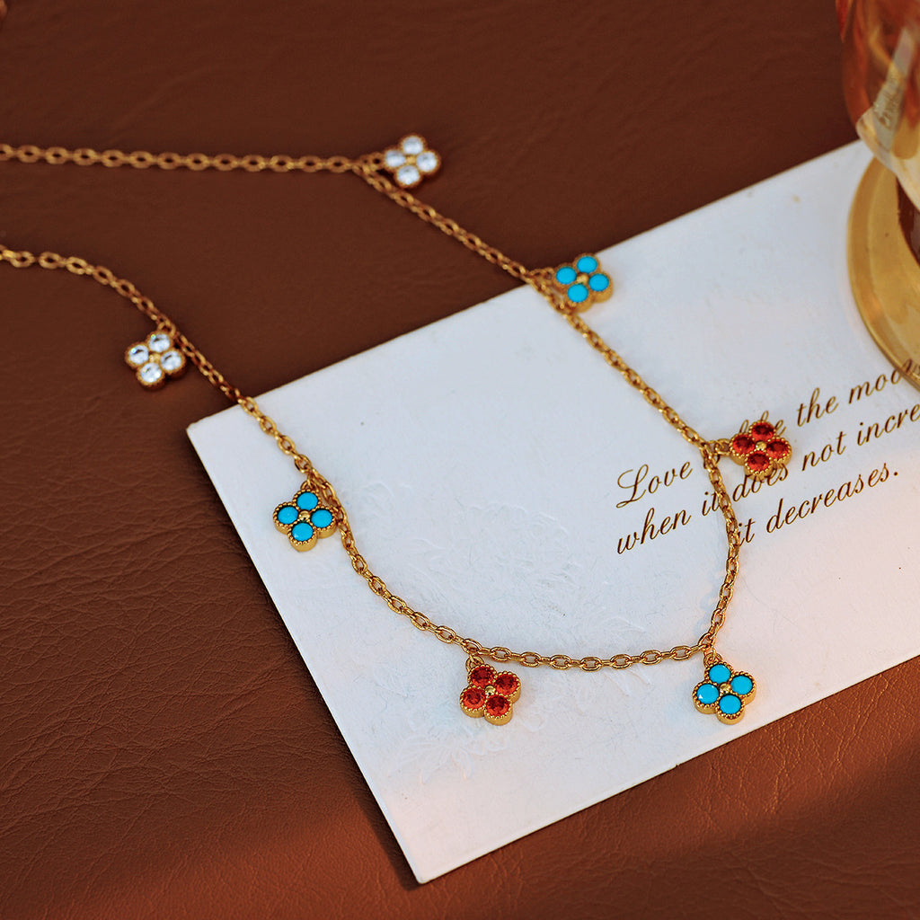 High Version European and American Trend Fresh Flower Earrings Inlaid with Colorful Small Diamonds Multi-Drop Necklace Earrings