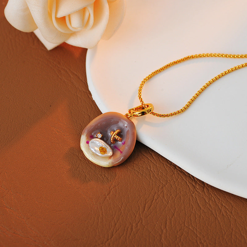 Oil Painting Pendant Freshwater Pearl Starfish Necklace for Women New Chinese Style Retro Light Luxury Natural Baroque Collarbone Chain