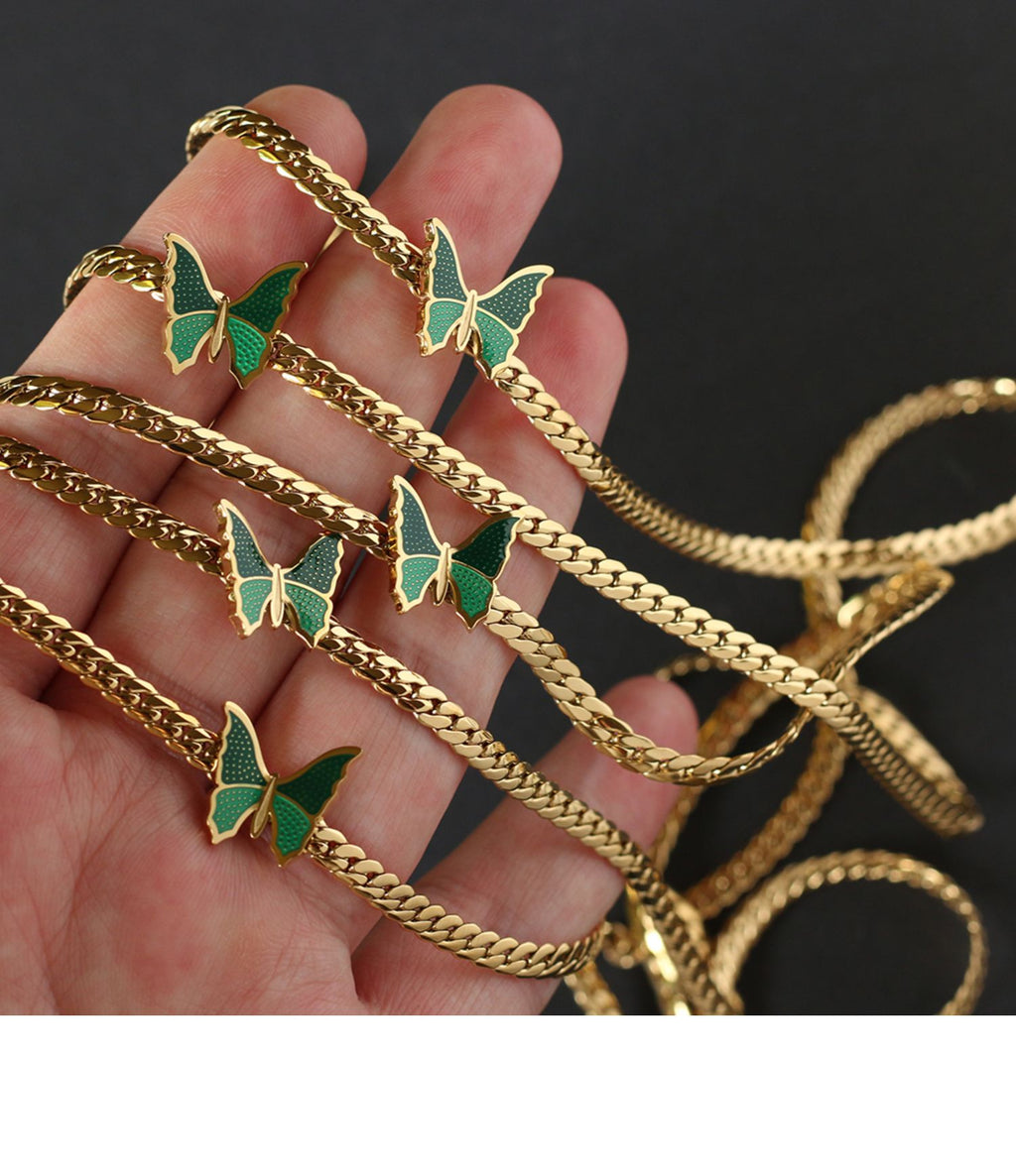 Vintage Style Green Butterfly Choker Necklace Cuban Necklace Collarbone Chain Titanium Steel 18K Gold Plated Non-Fading