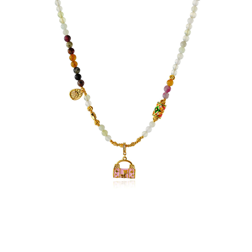 New Chinese Style Colorful Stone Necklace for Women Enamel Drop Glaze Lock Bag Pendant Neck Chain Light Luxury Exquisite Beaded Collarbone Chain