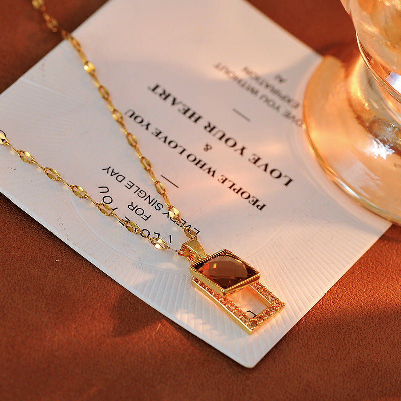 Fashion Melad Diamond-Encrusted Coffee Crystal Necklace for Women, Internet Celebrity Hot Item, Elegant Light Luxury Sweater Chain with Rectangular Pendant