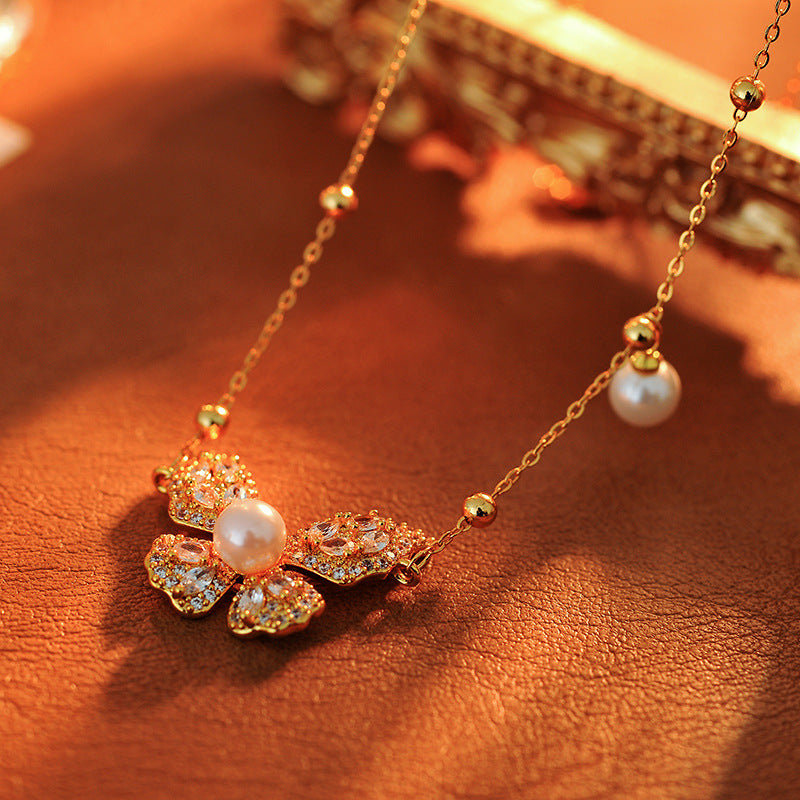 Fashion Versatile Pearl Necklace for Women, High-End Elegant Light Luxury Zircon Butterfly Collarbone Chain, Minimalist Style Neck Chain Accessory