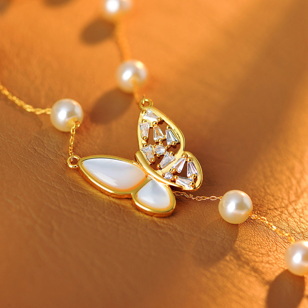 Light Luxury Pearl Mother-of-Pearl Butterfly Necklace Hot-Selling Sweater Accessory High-End Niche Collarbone Chain