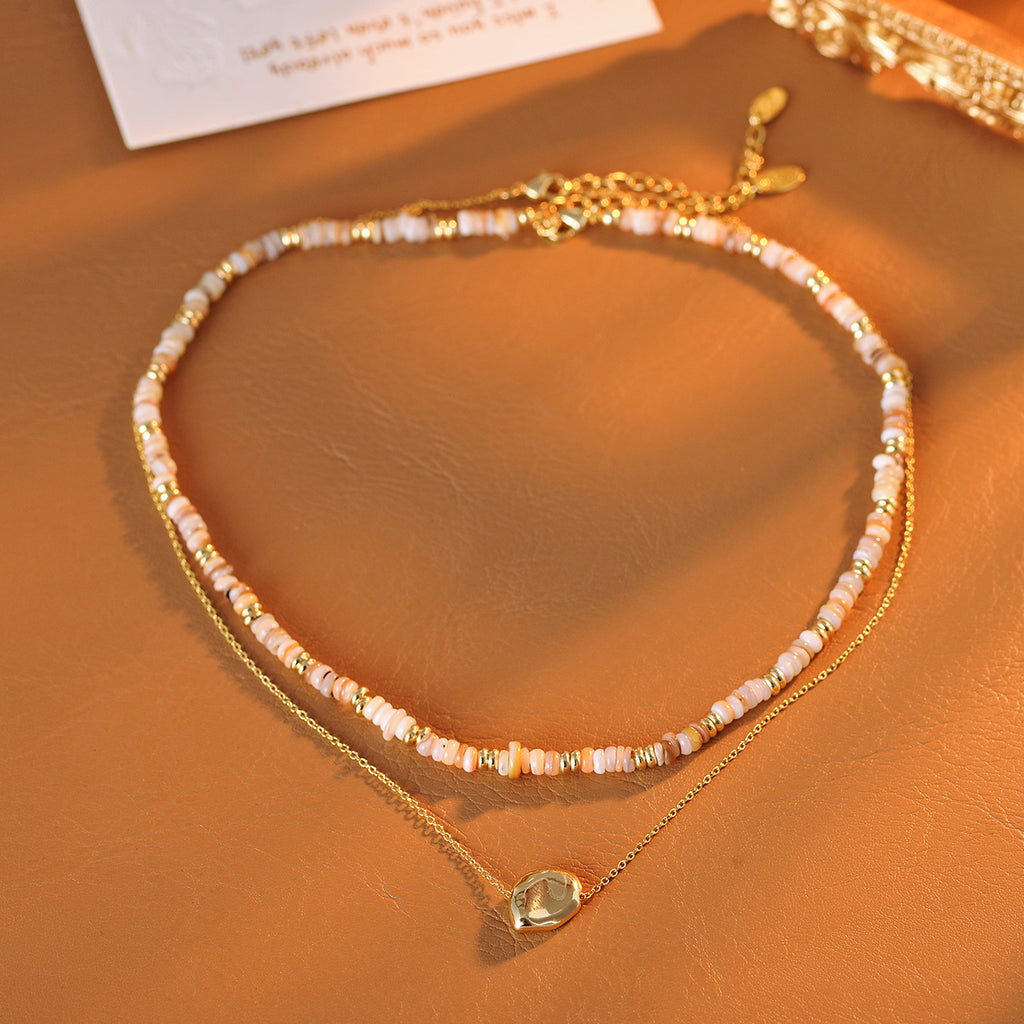 Natural Stone Bead Necklace Double Layer Metal Style Sweet Cool High-end Collarbone Chain 2025 Spring Summer New Model