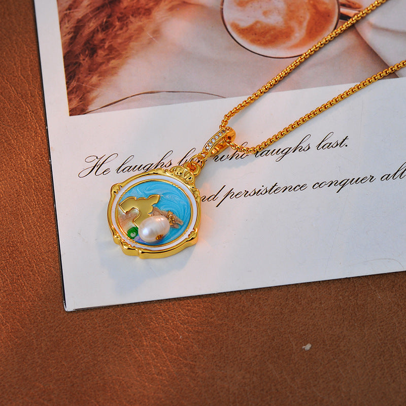 Oil Painting Vintage Necklace for Women French Style Natural Freshwater Pearl Niche Design Retro Light Luxury High-end Clavicle Chain