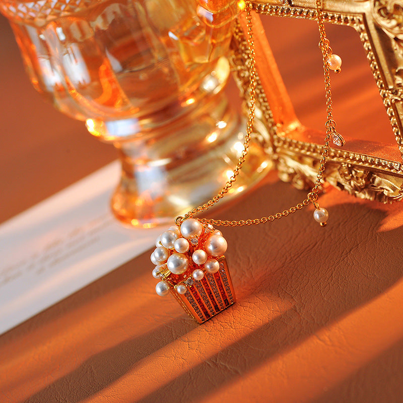 European and American Sparkling Colored Diamond Large and Small Pearl Three-Dimensional Popcorn Shape Creative Personality Necklace for Women