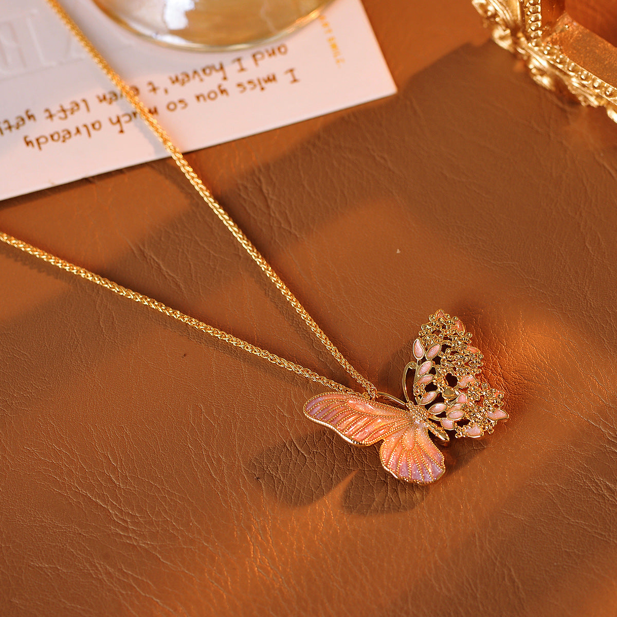 Real Gold Plated Light Luxury Osmanthus Half-Sided Butterfly Pendant New Chinese Style Dreamy Blossom Butterfly Necklace