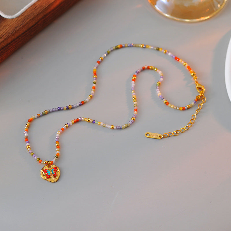 New Fashion Simple Colorful Beaded Butterfly Necklace for Women High-end Versatile Rainbow Collarbone Chain