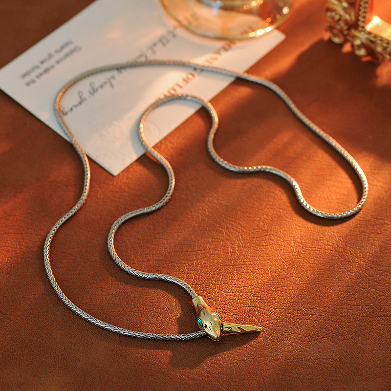 Year of the Snake Zodiac Necklace for Women, Pure Silver Sweater Chain, Light Luxury High-End Feel, Sweatshirt Chain, Autumn Winter Versatile Collarbone Chain Accessory