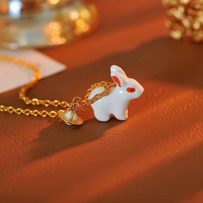 European and American Cute Creative 3D Enamel Glaze Little White Rabbit Planet Bunny Shape Necklace for Women One Piece