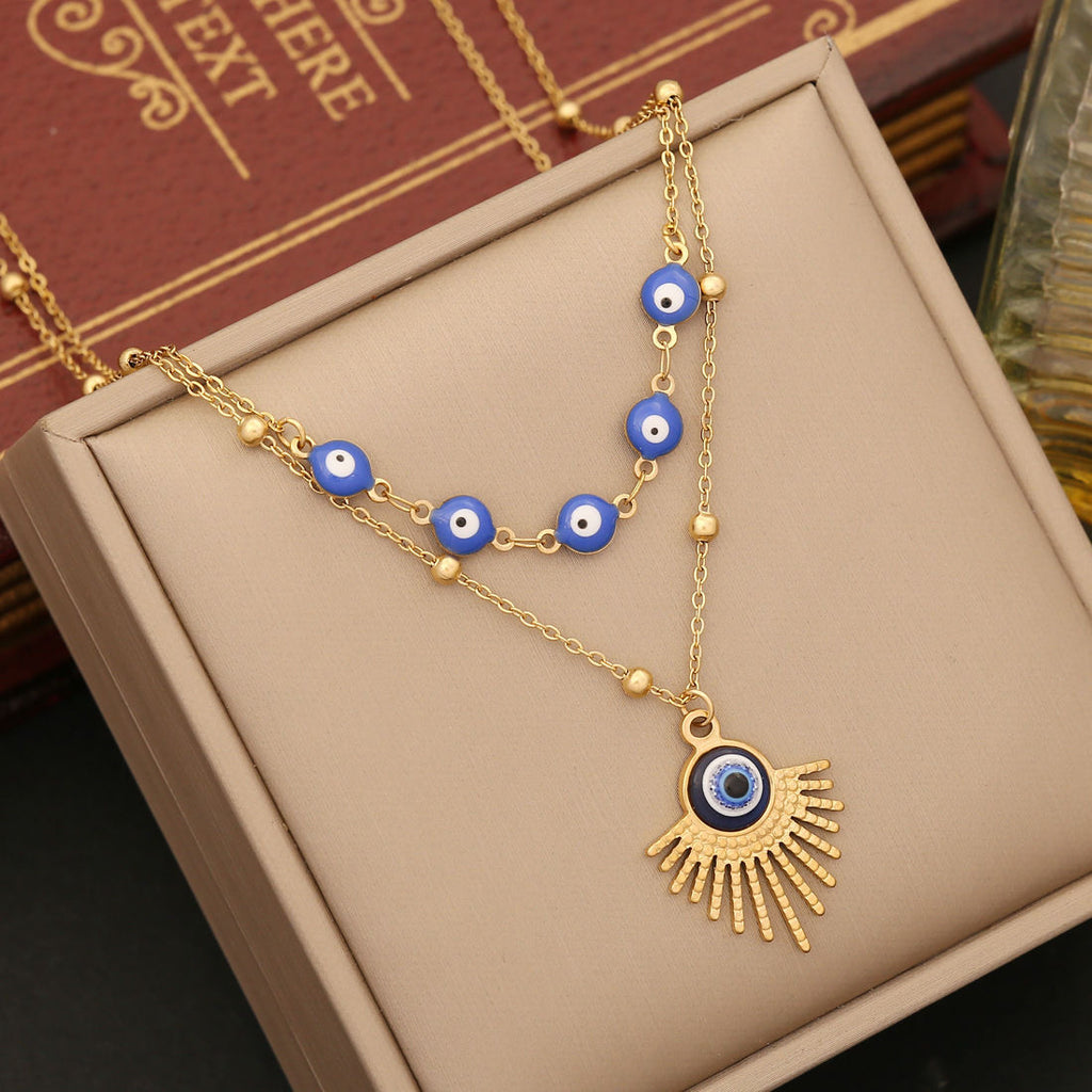 European and American Simple Fashion Commuter Style Earrings and Necklace Set Devil's Eye Niche Design Long Clavicle Chain Earrings