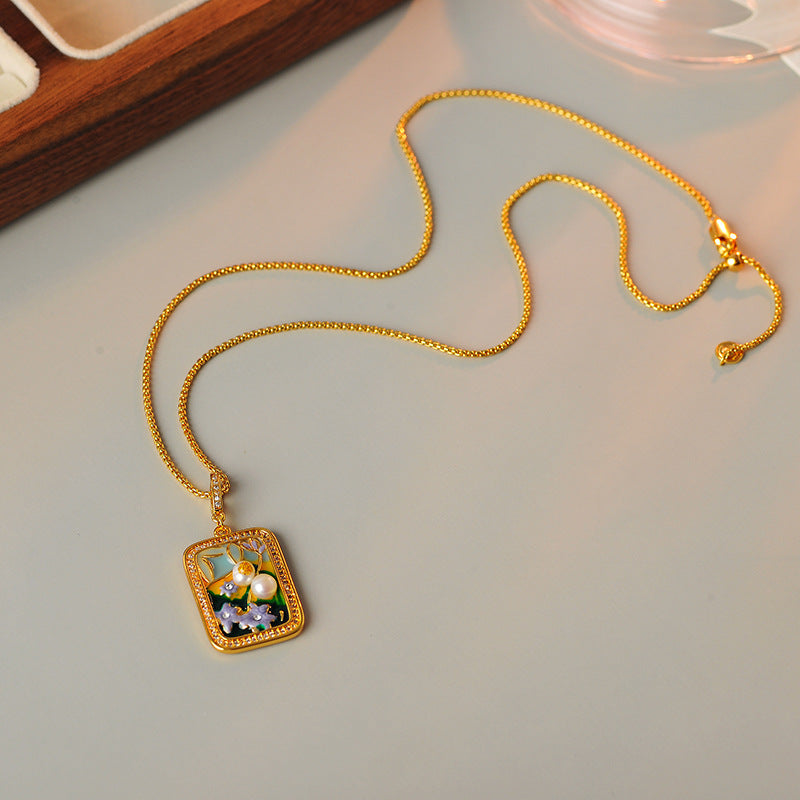 Oil Painting New Chinese Style Pendant Necklace for Women Natural Pearl Vintage National Style Light Luxury Niche Retro Collarbone Chain