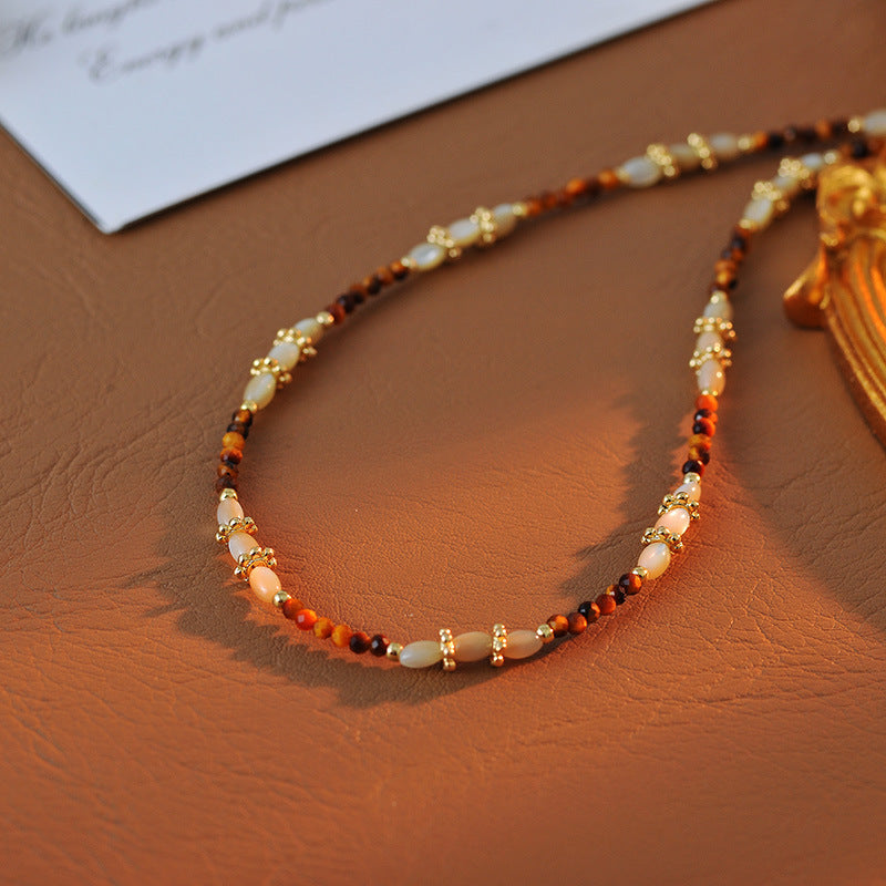 Milad Style Natural Stone Beaded Compass Pendant Layered Necklace for Women, Light Luxury Retro Versatile Choker Collarbone Chain