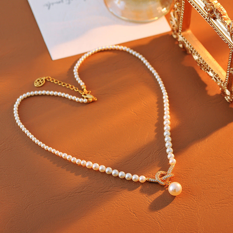 Real Gold Plated Pearl Zircon Knot Pendant Necklace Exquisite Fashionable Light Luxury High-end Feel
