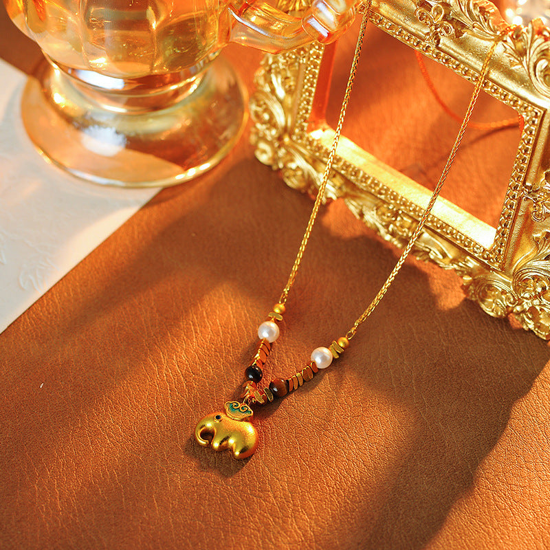 Original Sand Gold Little Elephant Beaded Decorative Necklace Light Luxury Niche High-end Sense Elegant Long High-grade Sweater Chain Accessories