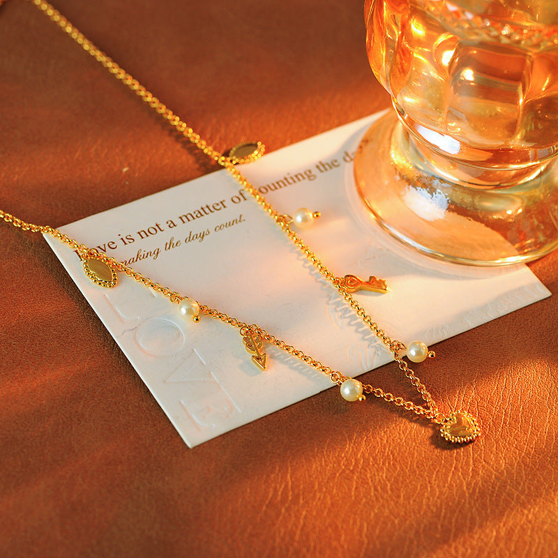 Vintage Light Luxury Red Agate Heart Pearl Tassel Necklace Bracelet for Women Niche High-end Elegant Collarbone Chain