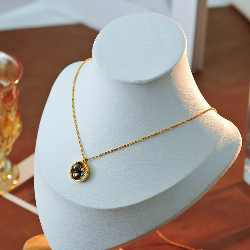 Oil Painting Style Medieval Pendant Baroque Pearl Necklace for Women Light Luxury Niche National Style Sweater Chain A10185