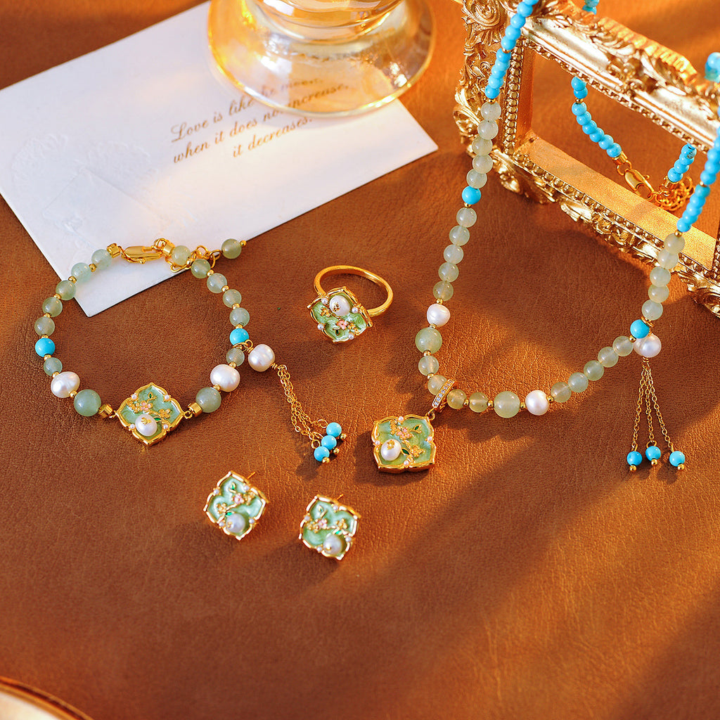 New Chinese Style Oil Drop Green Flower Necklace Niche Design Freshwater Pearl High-end Elegant Set