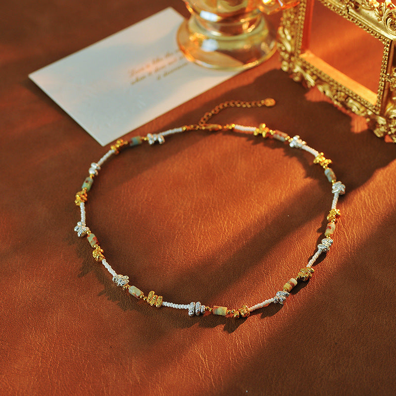 Natural Stone Metal Splicing Necklace for Women, Light Luxury Niche High-End Feel, Small Rice Bead Collarbone Chain, Vintage Elegant Neck Chain